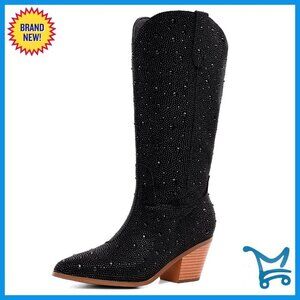 Women's Rhinestone Western Boots Chunky Heel Mid-Calf Side Zipper